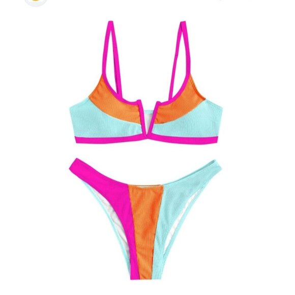 Zaful Womens Colorblock Bikini Set V-Neck & High Waist Bottoms Size 8-10 Sexy - Picture 2 of 9